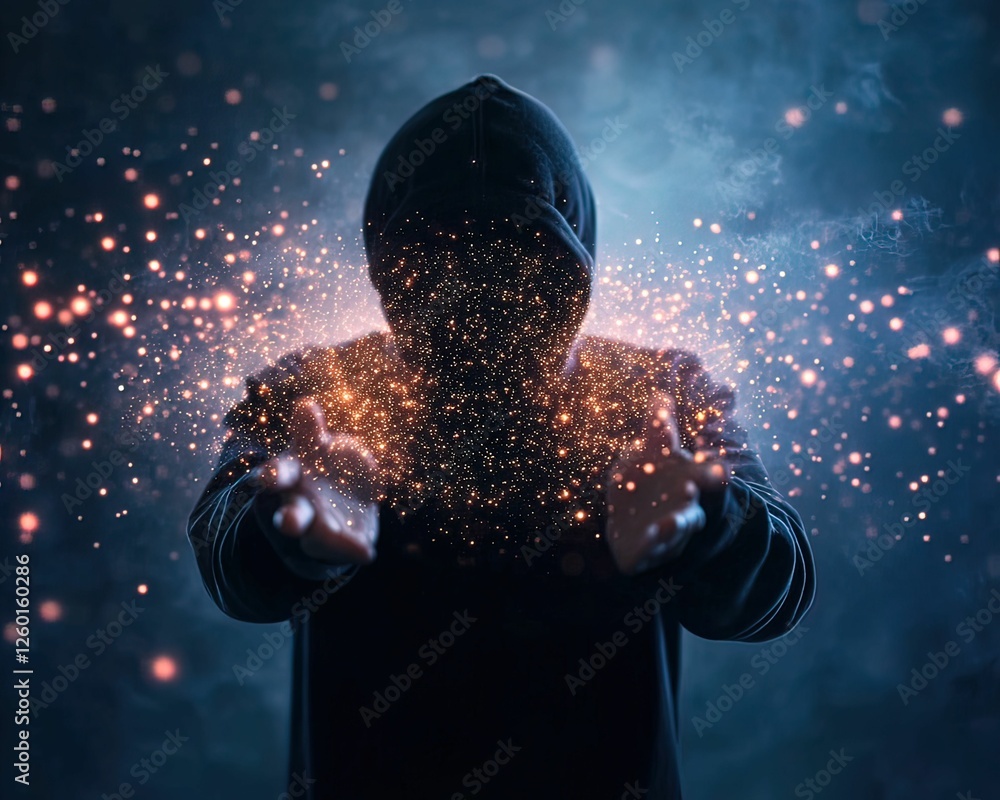 Poster a mysterious figure in a hoodie conjures glowing particles, creating an ethereal atmosphere filled w