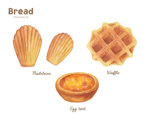 Hand drawn watercolor bread illustration set
