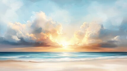 Obraz premium A serene beach scene at sunrise, with soft clouds and gentle waves reflecting warm colors in the sky.