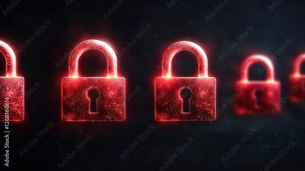 Poster a series of glowing red padlocks arranged in a row, symbolizing security and protection against unau