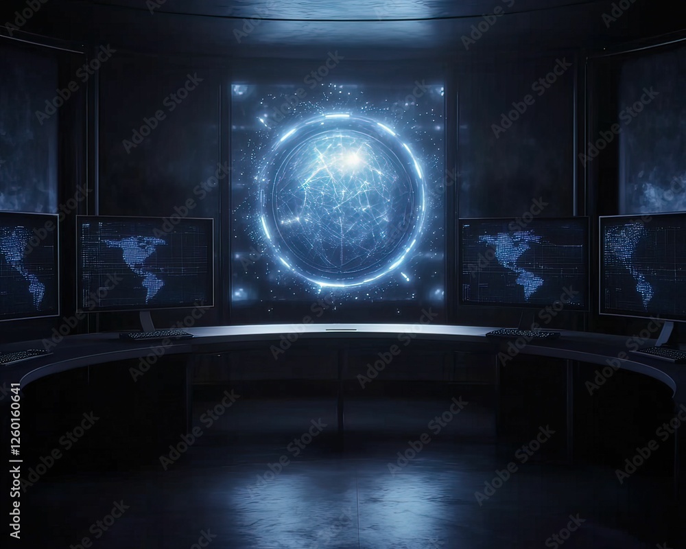 Poster a futuristic control room featuring glowing monitors displaying maps, set against a dark backdrop wi