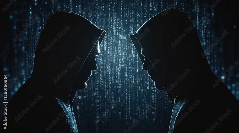Aufkleber two hooded figures face each other against a backdrop of cascading digital code, embodying themes of