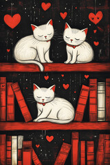 petit chaton dormant sur l'étage remplie de livres 