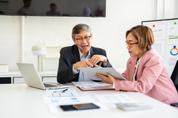 Strategy, tablet and women in discussion in business meeting for planning, communication and ideas. Teamwork, collaboration and workers in conversation, speaking and talking about project