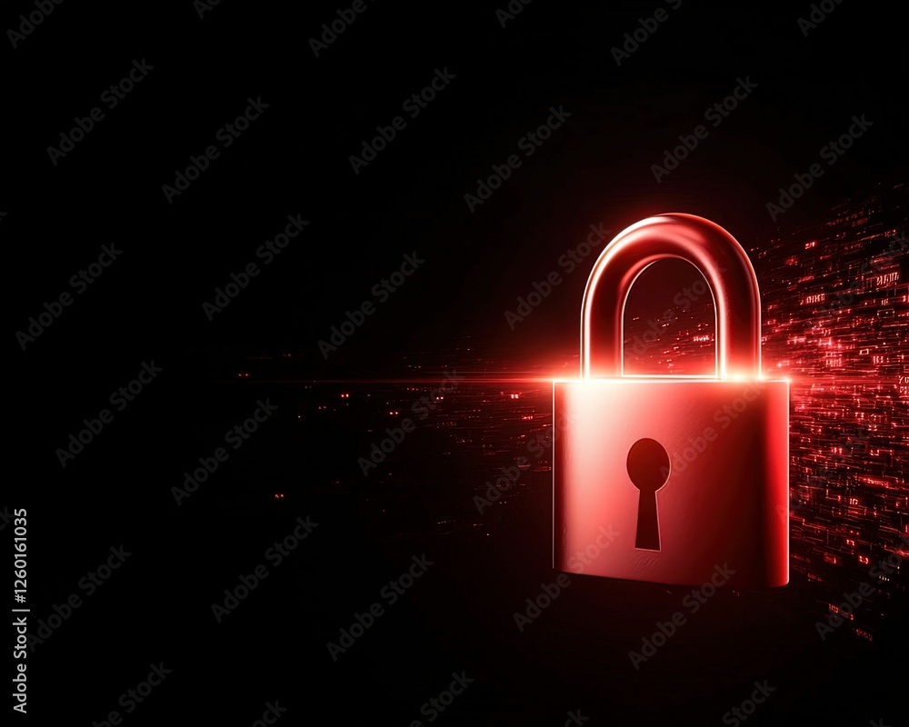 Poster a glowing red padlock against a dark background, symbolizing security and protection with a dynamic 