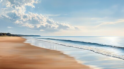 Obraz premium A serene beach scene with gentle waves, soft sand, and a clear sky dotted with clouds, evoking tranquility and natural beauty.