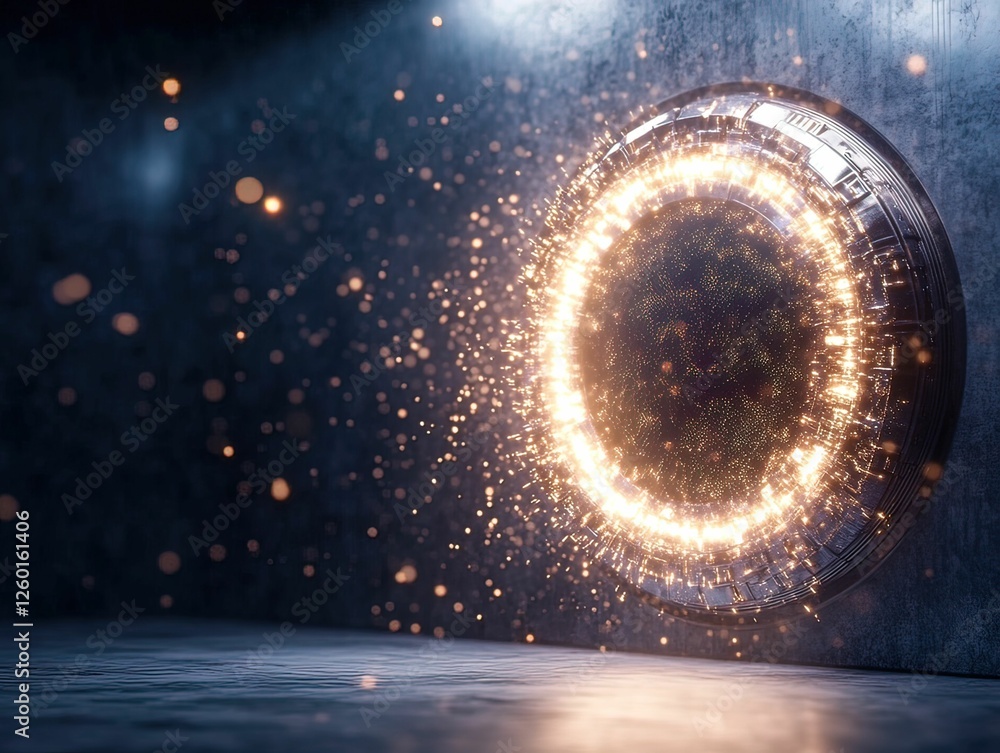 Poster a luminous circular portal emits sparkling particles in a dimly lit environment, creating a mystical