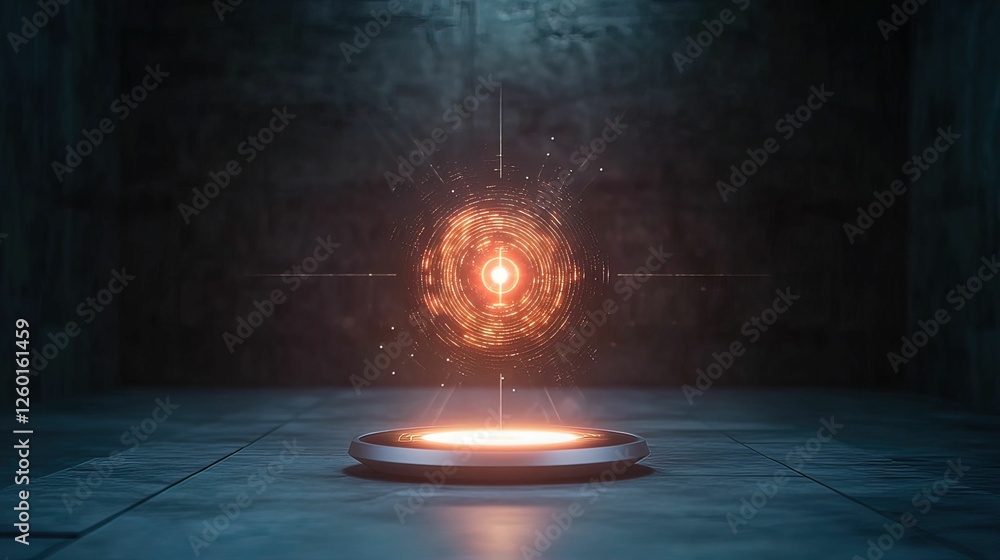 Aufkleber a glowing orb surrounded by a circular platform, emitting light in a dark, textured environment, cre