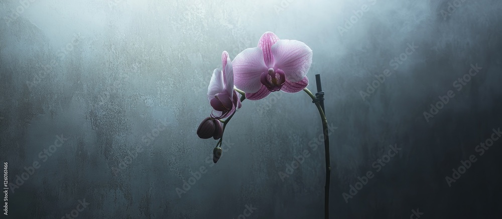 Poster delicate pink orchids with soft petal textures positioned slightly to the right against a misty gray