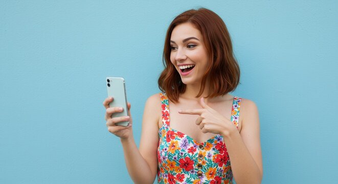 Joyful young woman pointing at smartphone in hand, online shopping application