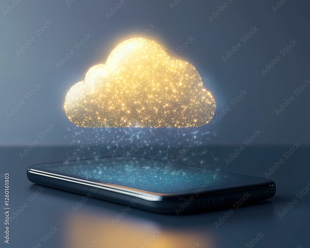 Poster a smartphone with a glowing cloud above it, symbolizing digital data storage and cloud computing tec