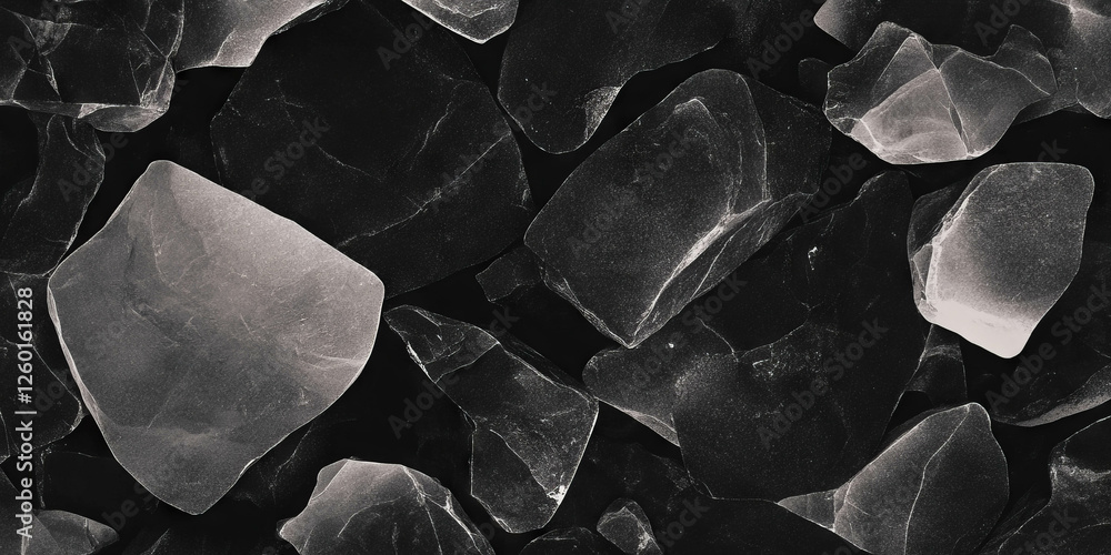Poster mottled grayscale texture with scattered shapes against a black background