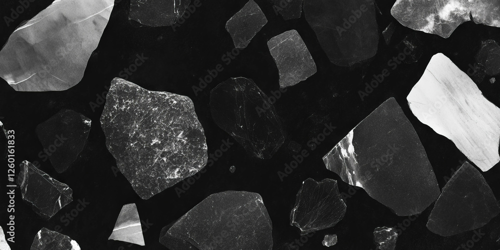 Poster Mottled grayscale texture with scattered irregular shapes on a black background