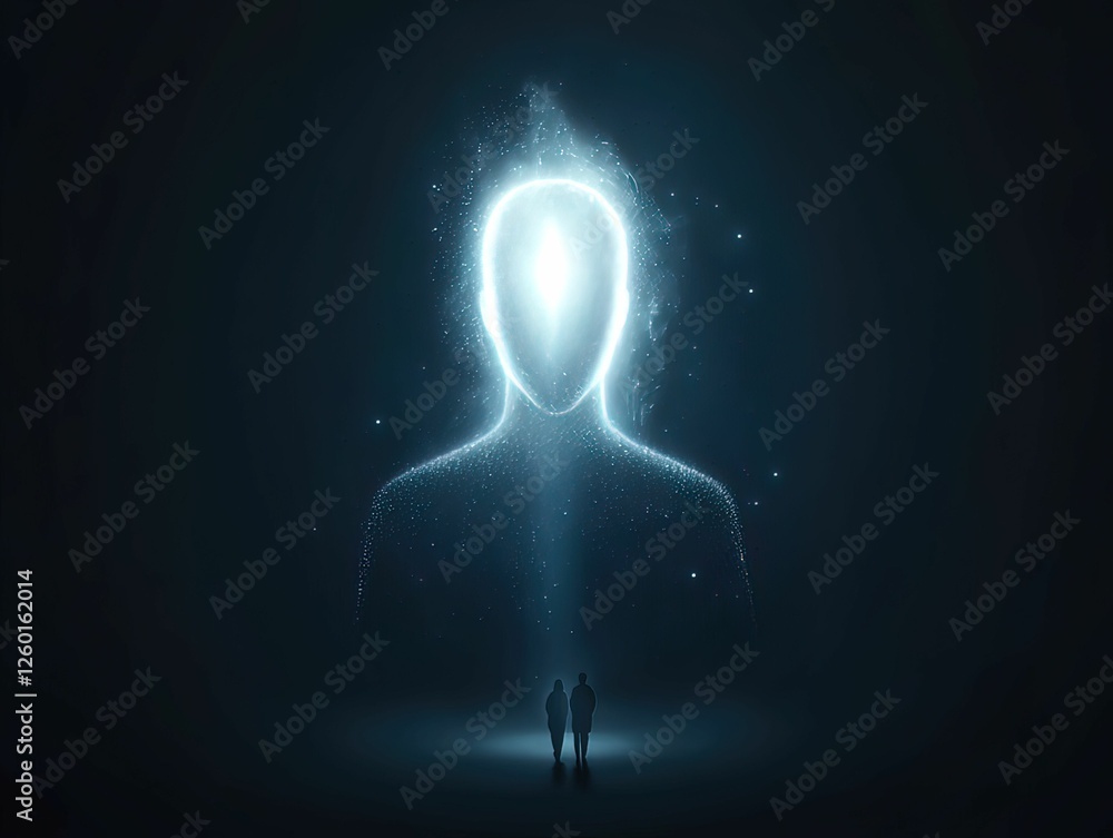 Poster a luminous, ethereal figure against a dark backdrop, symbolizing presence and introspection with two