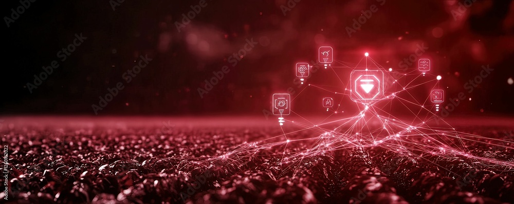 Poster a surreal digital landscape featuring glowing red lights and abstract shapes, creating a futuristic 