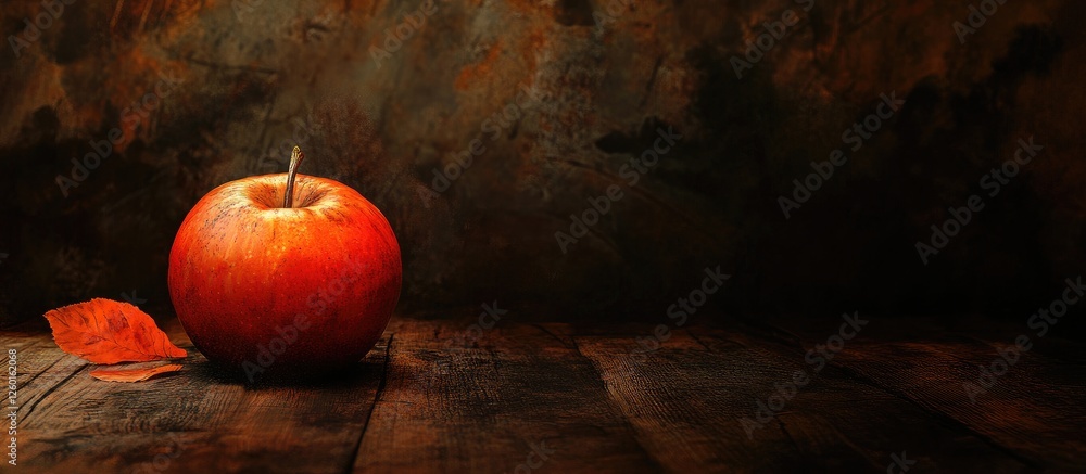 Aufkleber red apple resting on a wooden table with an autumn leaf beside it against a dark, textured backgroun