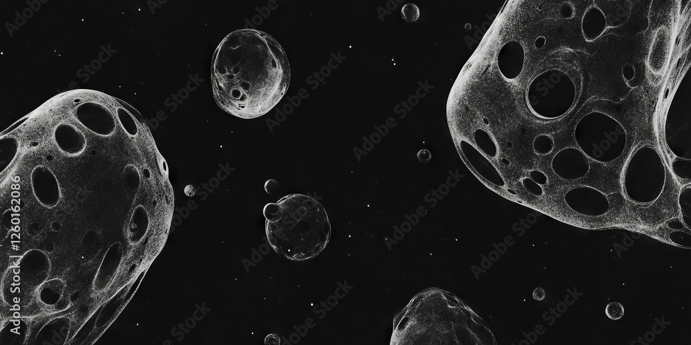 Poster mottled grayscale texture with smooth spheres and transparent variations against black background