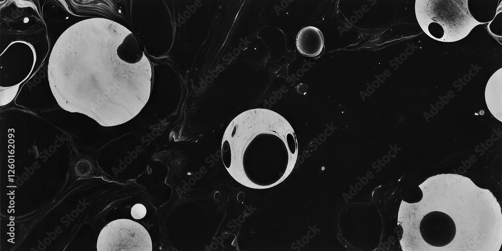 Poster mottled grayscale texture with transparent circles on a black background