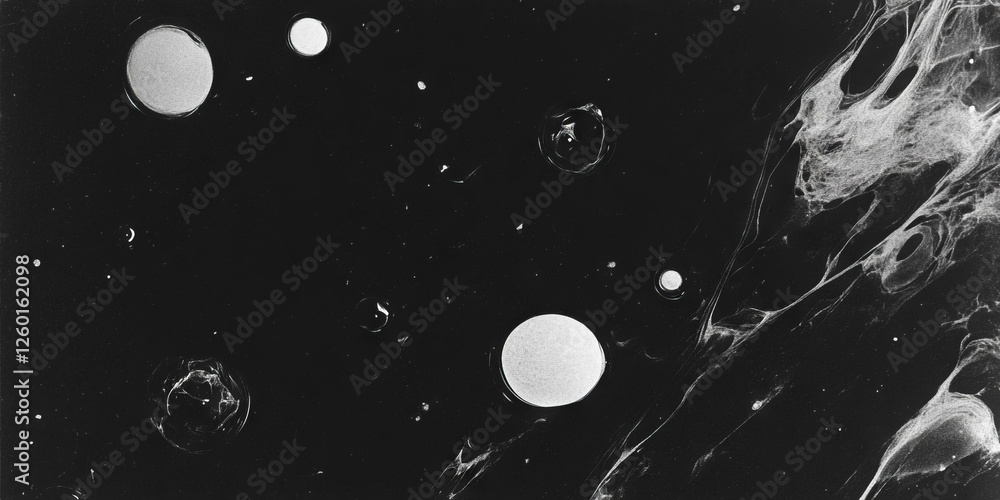 Poster Mottled grayscale texture with scattered smooth circles and varied transparency on black background