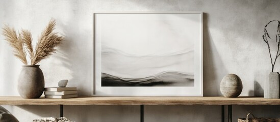 Minimalist white framed poster on wooden shelf in chic living room with neutral tones, decorative vases, and soft textures creating a serene ambiance