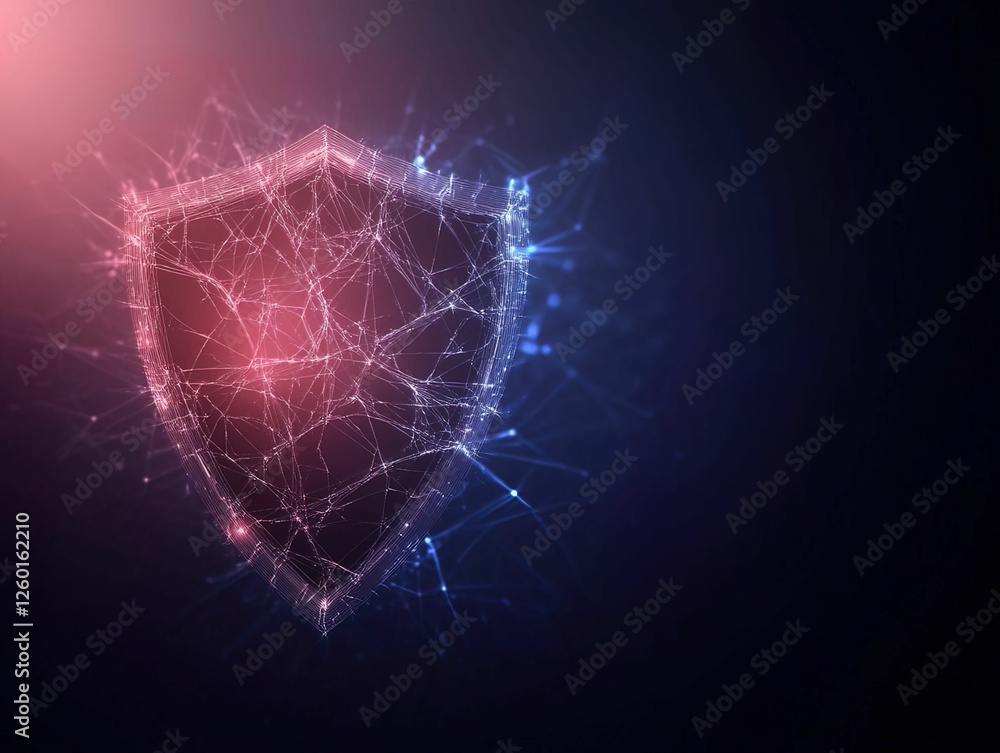 Poster a digital shield symbolizing cybersecurity with a glowing network design, featuring red and blue lig
