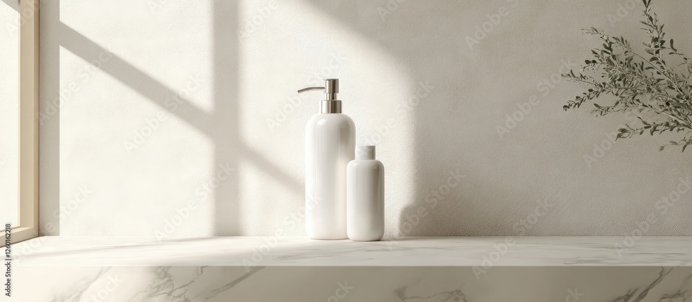 Poster elegant white cosmetic bottles positioned on a marble countertop with soft natural light streaming t