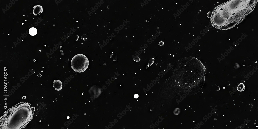 Poster Mottled grayscale texture with scattered patches on a black background