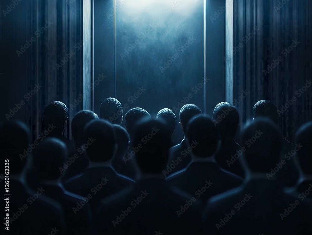 Poster a group of shadowy figures stands in an elevator, facing a bright light, creating an atmosphere of a