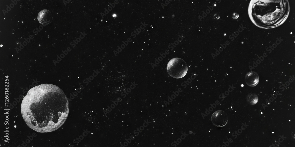 Poster Exploration of mottled grayscale with scattered textured patches in a cosmic setting