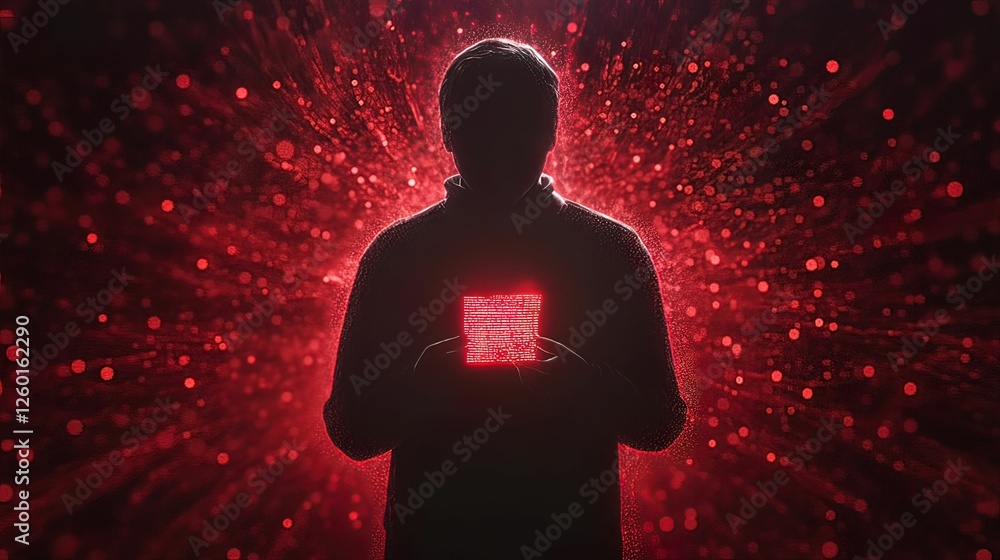 Poster a silhouetted figure holds a glowing object, surrounded by a radiant red background filled with part