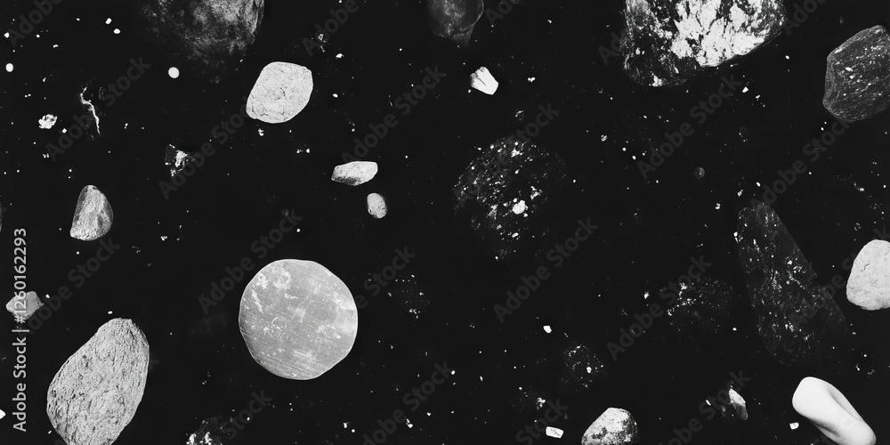Poster unique mottled grayscale texture with scattered patches against a black background