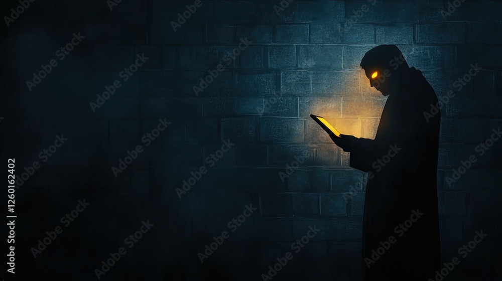 Poster a shadowy figure in a dark setting holds a glowing book, creating an atmosphere of mystery and intri