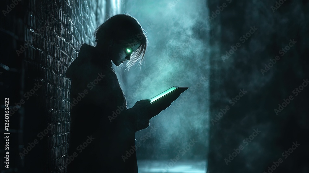 Poster a figure stands in a dark alley, illuminated by a glowing device, surrounded by mist, creating a mys