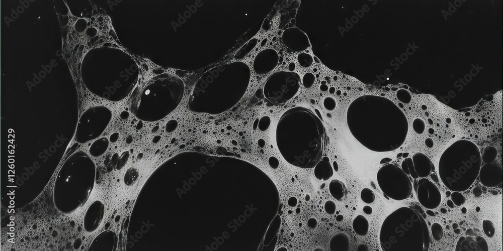 Poster Exploration of mottled grayscale texture with distinct edges and deep shadows on black background