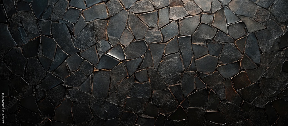 Poster dark textured surface with irregularly shaped mosaic pieces in shades of black and deep gray, creati