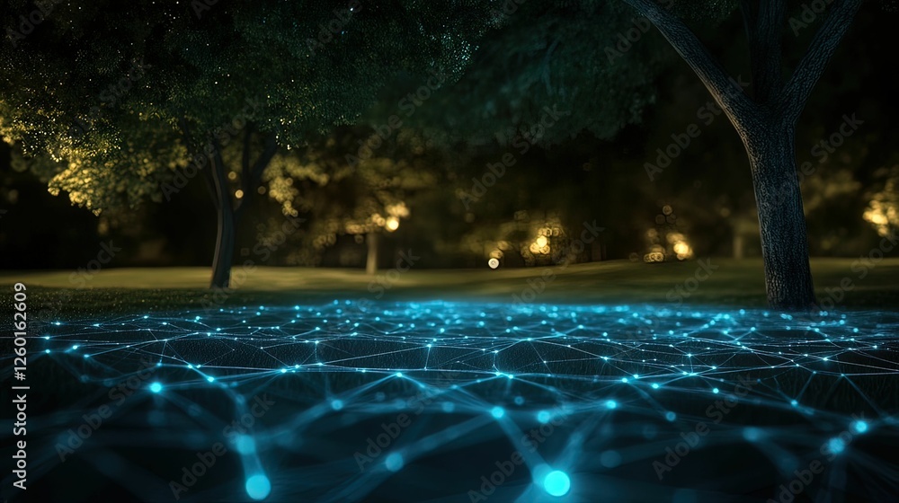 Poster a serene night scene with glowing blue network patterns on the ground, surrounded by trees and soft 