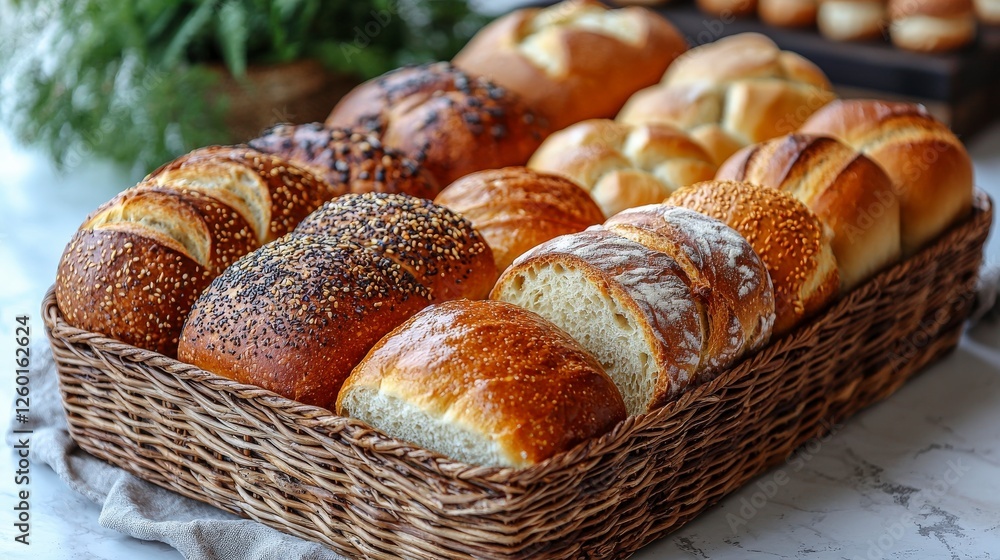 Poster a rustic arrangement of assorted breads in a beautiful wicker basket, showcasing a variety of types 