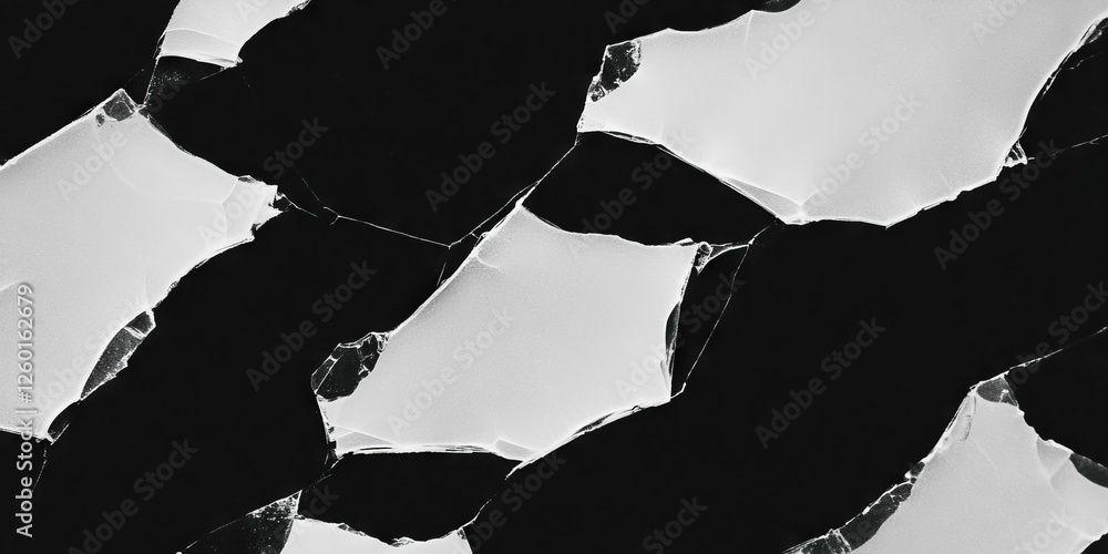 Poster Mottled grayscale texture with sharp fragmented edges and deep shadows on a black background