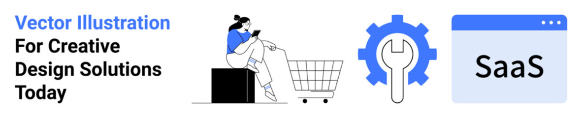 Woman shopping with cart and phone, gear with wrench, SaaS window. Ideal for e-commerce, SaaS tools, digital services, innovation, technology solutions, productivity flat landing page banner