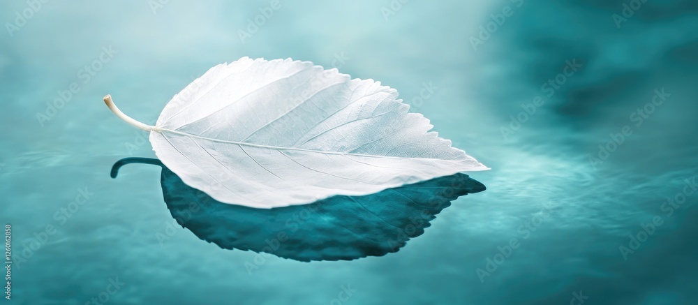 Poster white translucent leaf resting on calm turquoise water surface with mirror-like reflection creating 