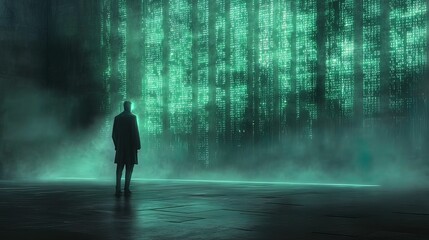 Obraz premium A lone figure stands before a glowing green digital display, evoking a futuristic, cybernetic atmosphere.