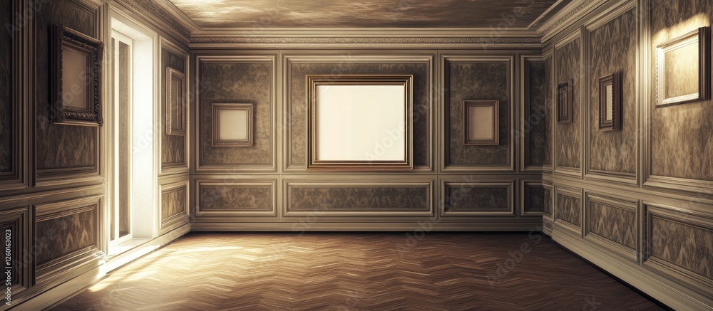 Poster gilded gallery room with ornate paneling soft natural light illuminating empty frames on walls and a
