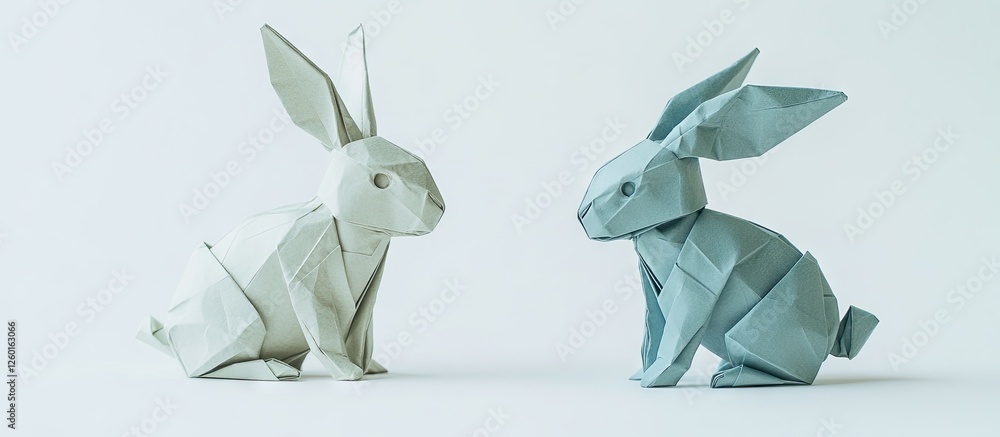 Poster two origami rabbits one white and one blue positioned on a light background with soft shadows showca