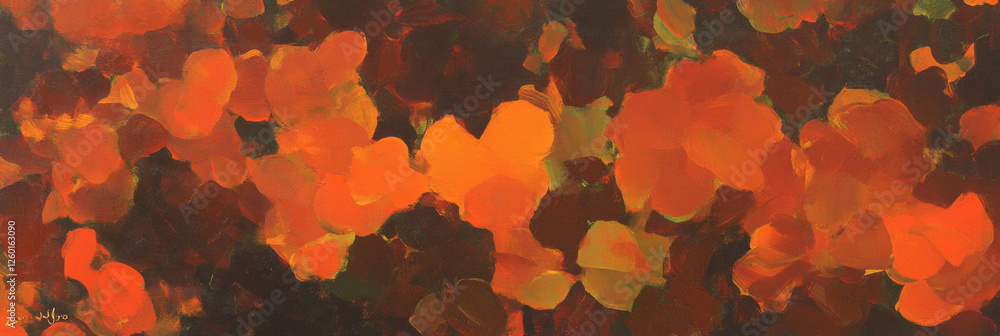 Poster mottled orange and brown textures create a vibrant abstract composition in deep shadows