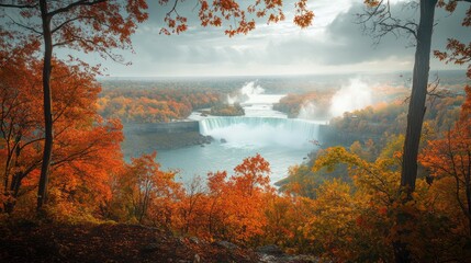 Autumnal Waterfall Vista Majestic fall colors frame a powerful cascade, misty and dramatic under a cloudy sky; perfect for travel brochures
