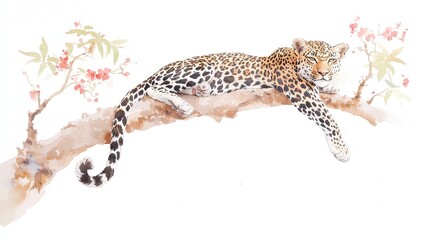 Obraz premium Leopard in Serenity, A sleek leopard reclines on a sturdy tree branch, eyes fixed on the horizon, captured in delicate Chinese ink brush and vibrant watercolor style.