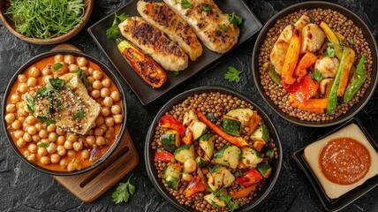 Mediterranean diet grains wellness concept. A vibrant spread of healthy meals featuring chickpeas, grilled vegetables, and flavorful sauces, perfect for nutritious dining and meal prep.