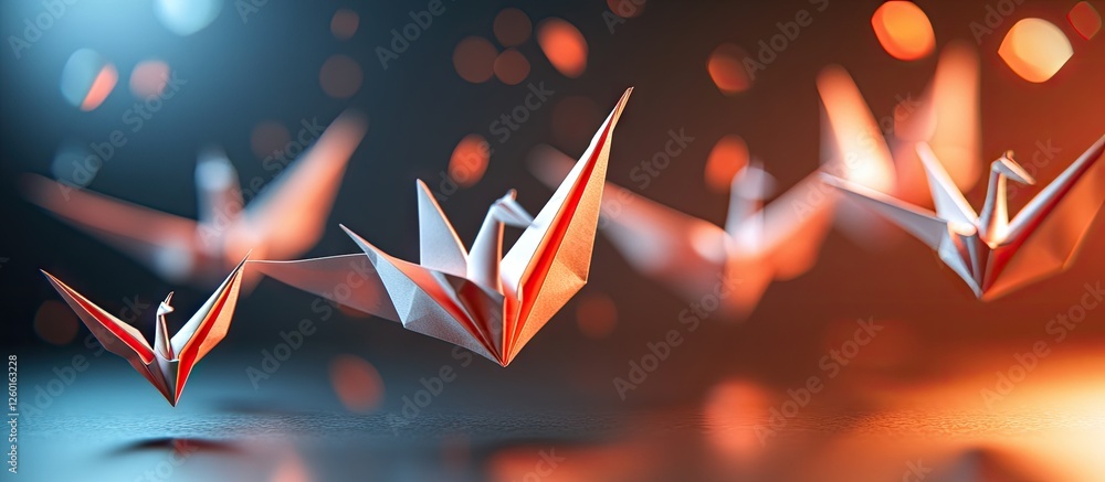 Aufkleber colorful origami cranes in flight with dynamic red and blue lighting creating a soft bokeh effect; i