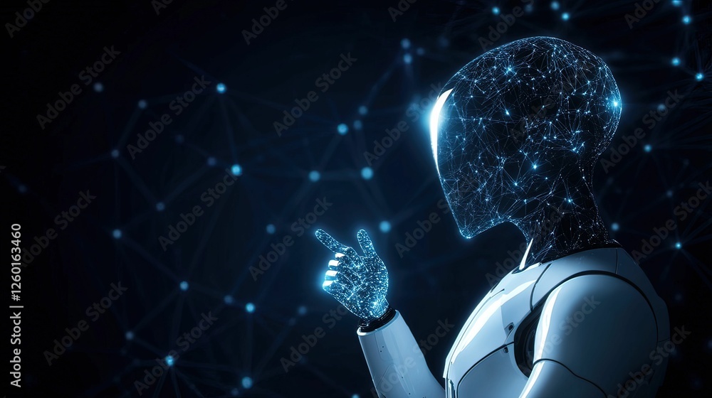 Poster a futuristic robot with a glowing, data-filled head and hand gestures, representing advanced technol