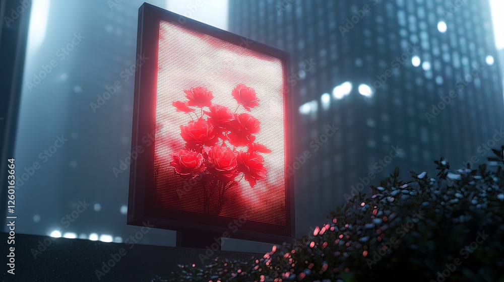Poster a glowing digital display of red roses against a misty urban backdrop, creating a striking contrast 